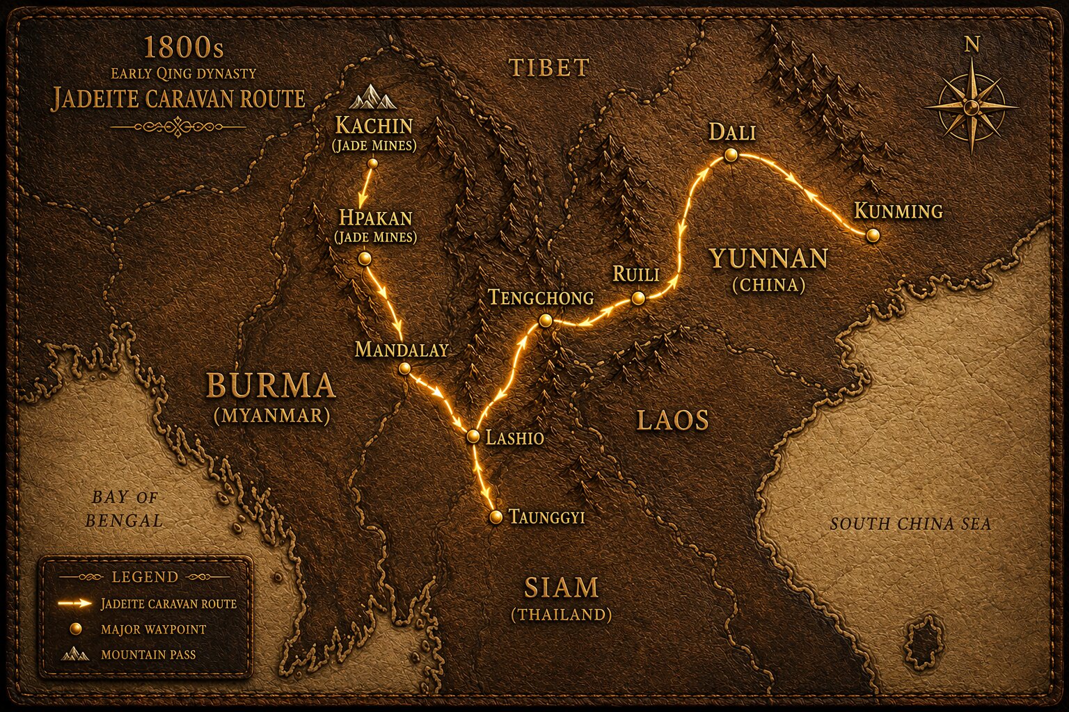 Illustrated Burmese jadeite origin and maritime trade route map for Southeast Asia and China