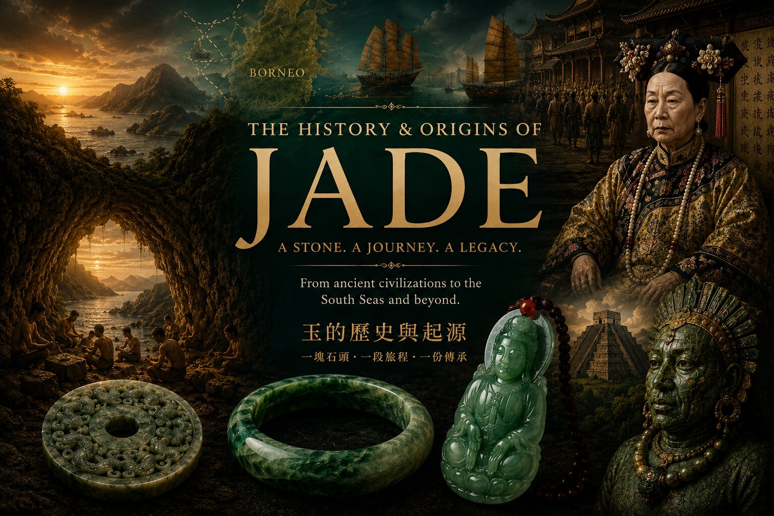History and origins of jade documentary hero image with jade artefacts, maritime routes and ancient civilisations