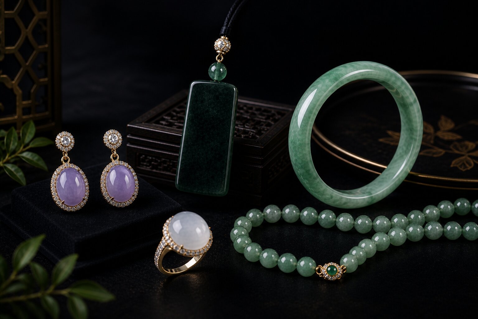 Jadeite jewellery display in Singapore with bangles rings pendants and bead necklace